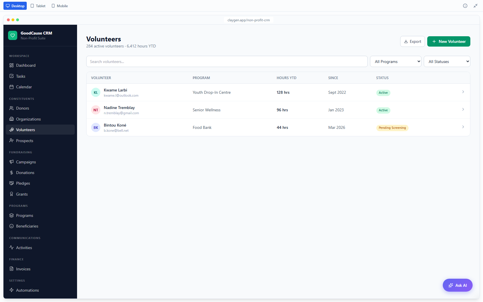 GoodCause CRM demo: the Volunteers screen. Volunteers, the programs they serve, and hours given.