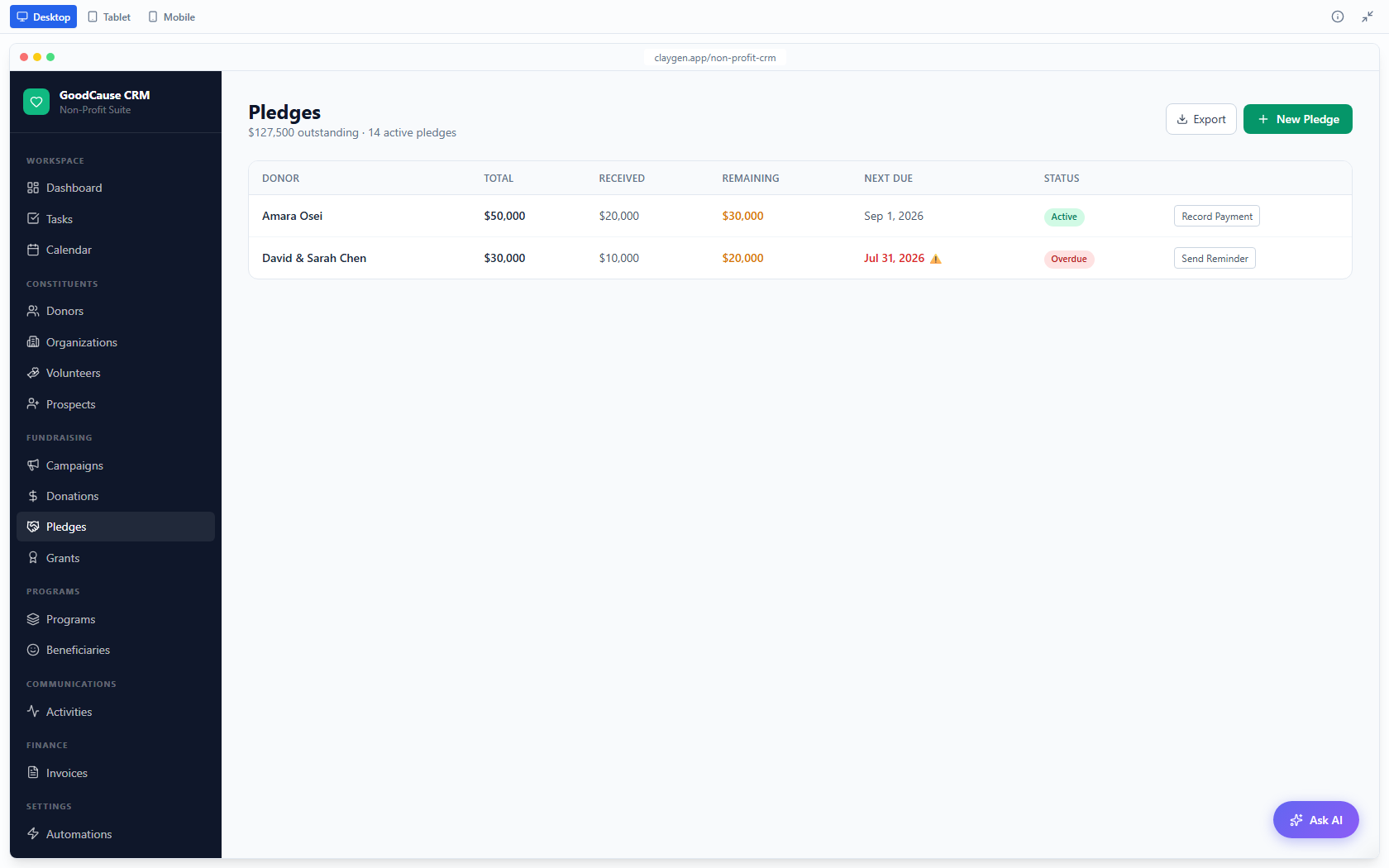 GoodCause CRM demo: the Pledges screen. Pledges from promise to paid, with what remains.