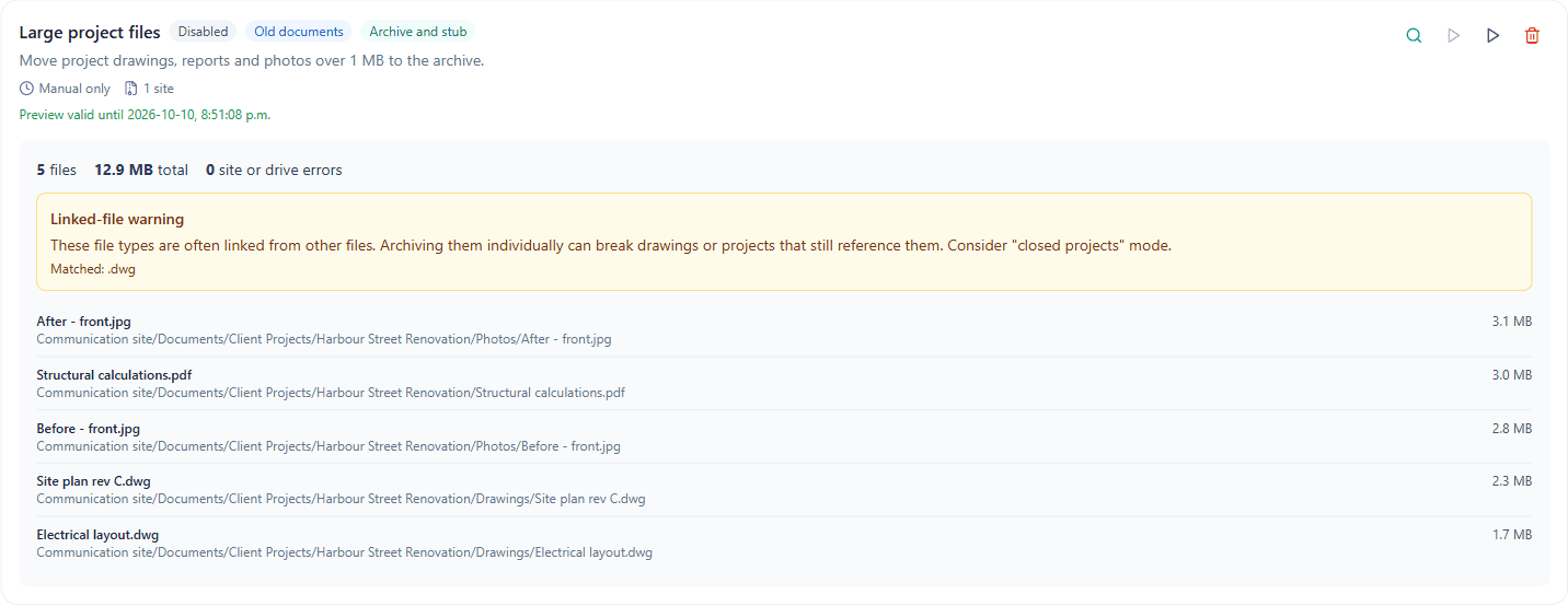 ClayGen Archive policy preview listing the files that would move, with a linked CAD file warning