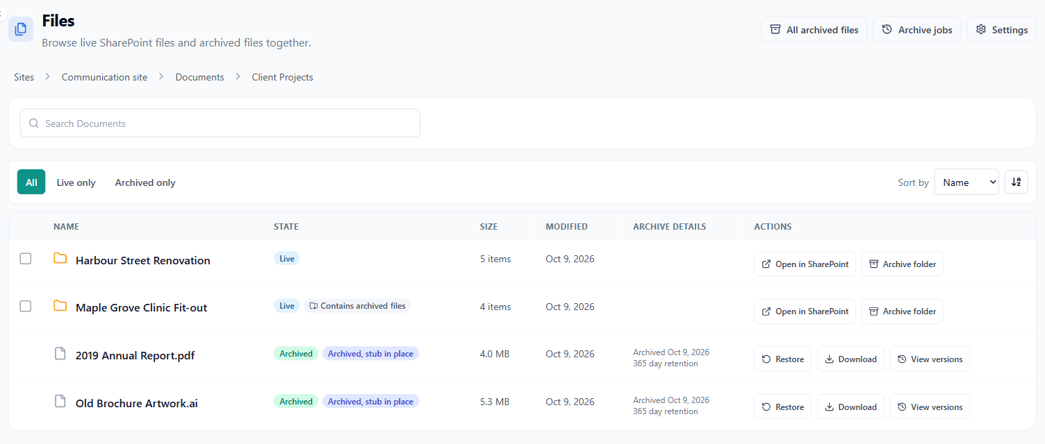 ClayGen Archive file browser showing live project folders and archived files with stubs in place