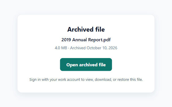 Archived file stub page offering to open or restore the file after signing in